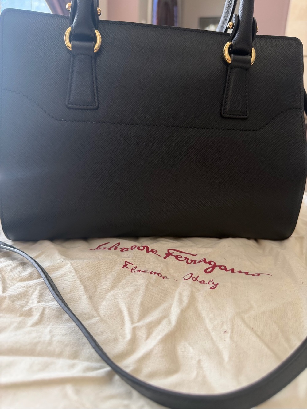 Salvatore Ferragamo Black Leather Satchel with Gold Gancini Hardware - Picture 2 of 13